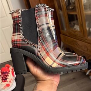 Jessica Simpson Red and Black Plaid Heeled Boots